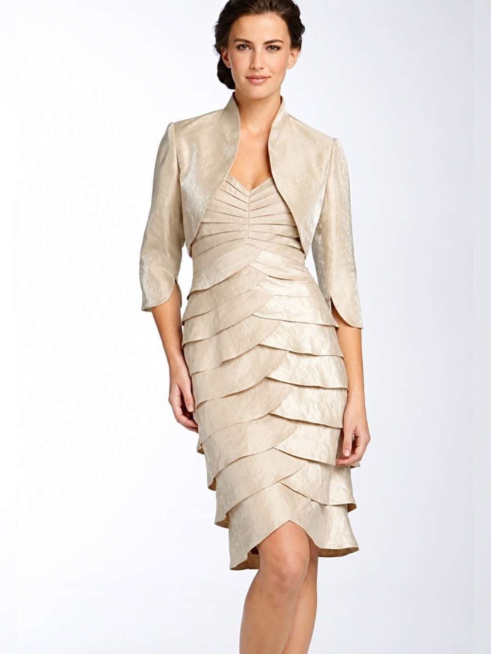 Adrianna Papell Champagne Metallic Tiered Ruffle Dress & Bolero Jacket Size 14
